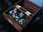 Blue Brown Orange "Ice and Fire" DnD 7 Polyhedral Dice Set in Wooden Chest