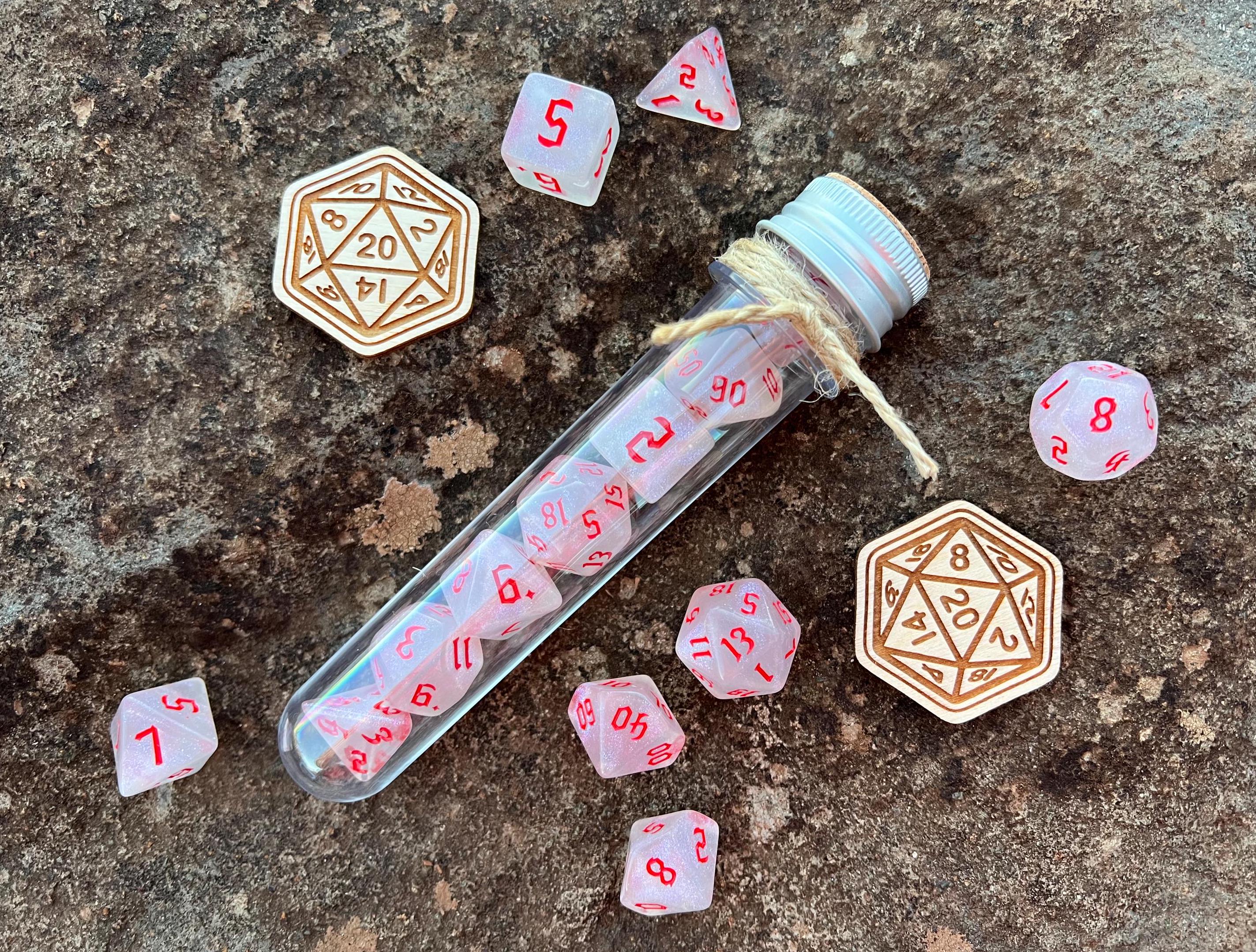 Shimmer White Red "Seven Tailed Kitsune" DnD 7 Polyhedral Dice Set in Potion Flask
