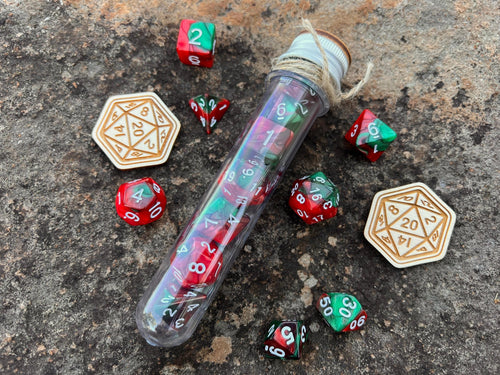 Brown Green "Dragon Scales" DnD 7 Polyhedral Dice Set in Potion Flask