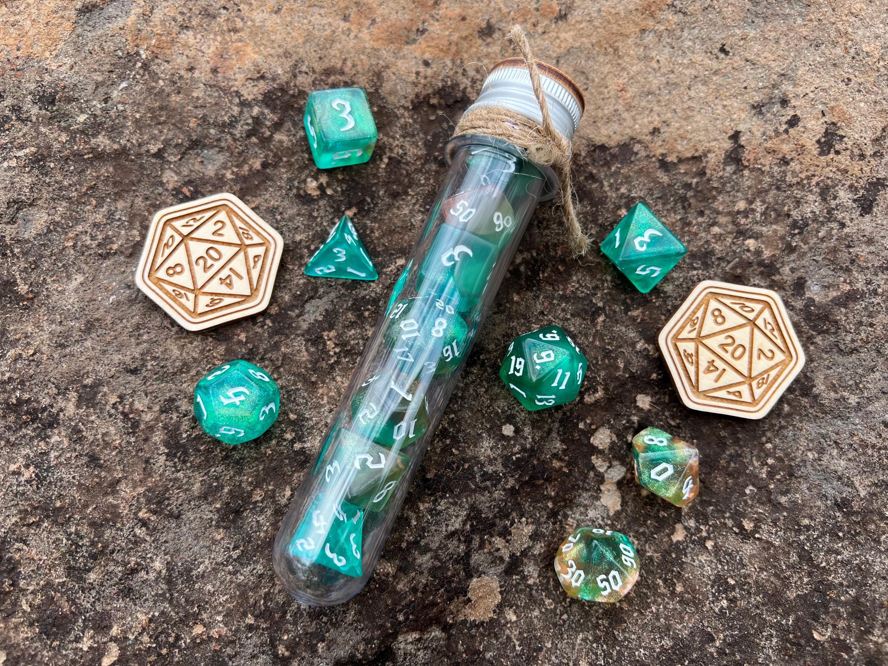 Turquoise Yellow "Spirit of Forest" DnD 7 Polyhedral Dice Set in Potion Flask
