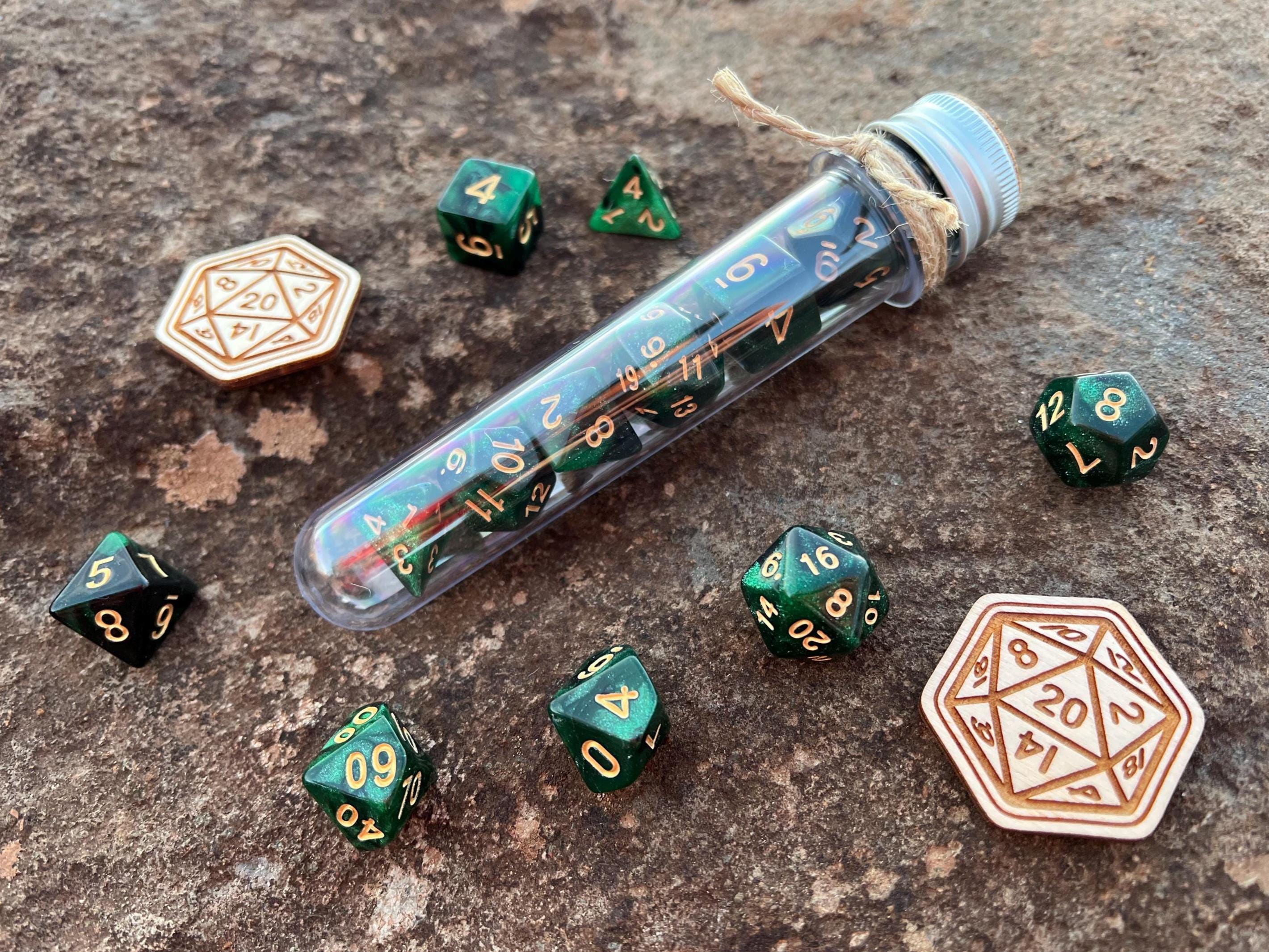 Shimmer Green Black Gold "Totoro Forest" DnD 7 Polyhedral Dice Set in Potion Flask