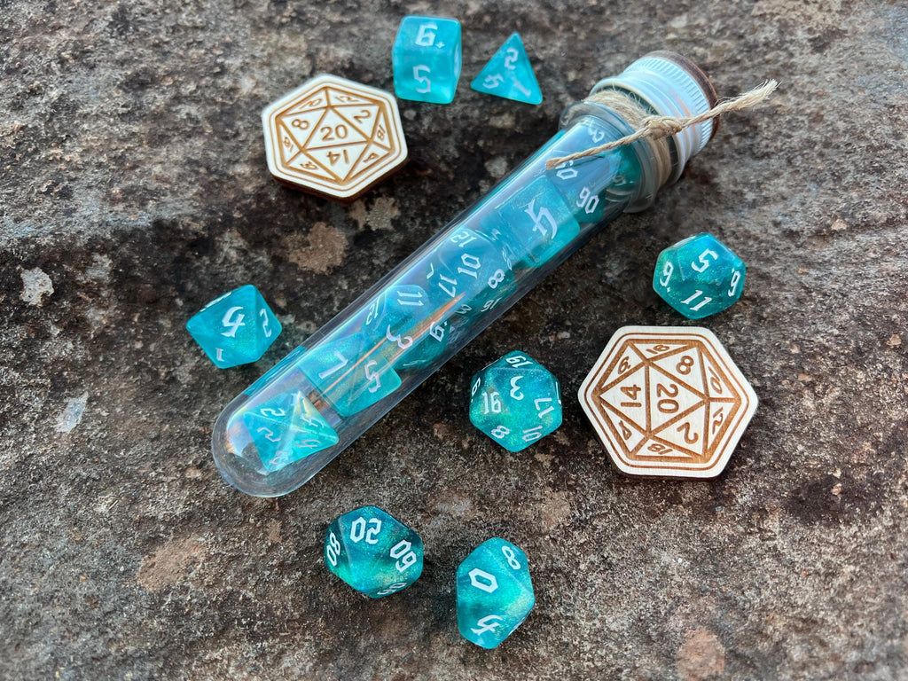 Shimmer Turquoise White "Merhorse" DnD 7 Polyhedral Dice Set in Potion Flask