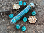 Shimmer Turquoise White "Merhorse" DnD 7 Polyhedral Dice Set in Potion Flask