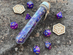 Shimmer Purple Blue "Distant Galaxy" DnD 7 Polyhedral Dice Set in Potion Flask