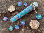 Shimmer Turquoise Gold "Celestial Unicorn" DnD 7 Polyhedral Dice Set in Potion Flask