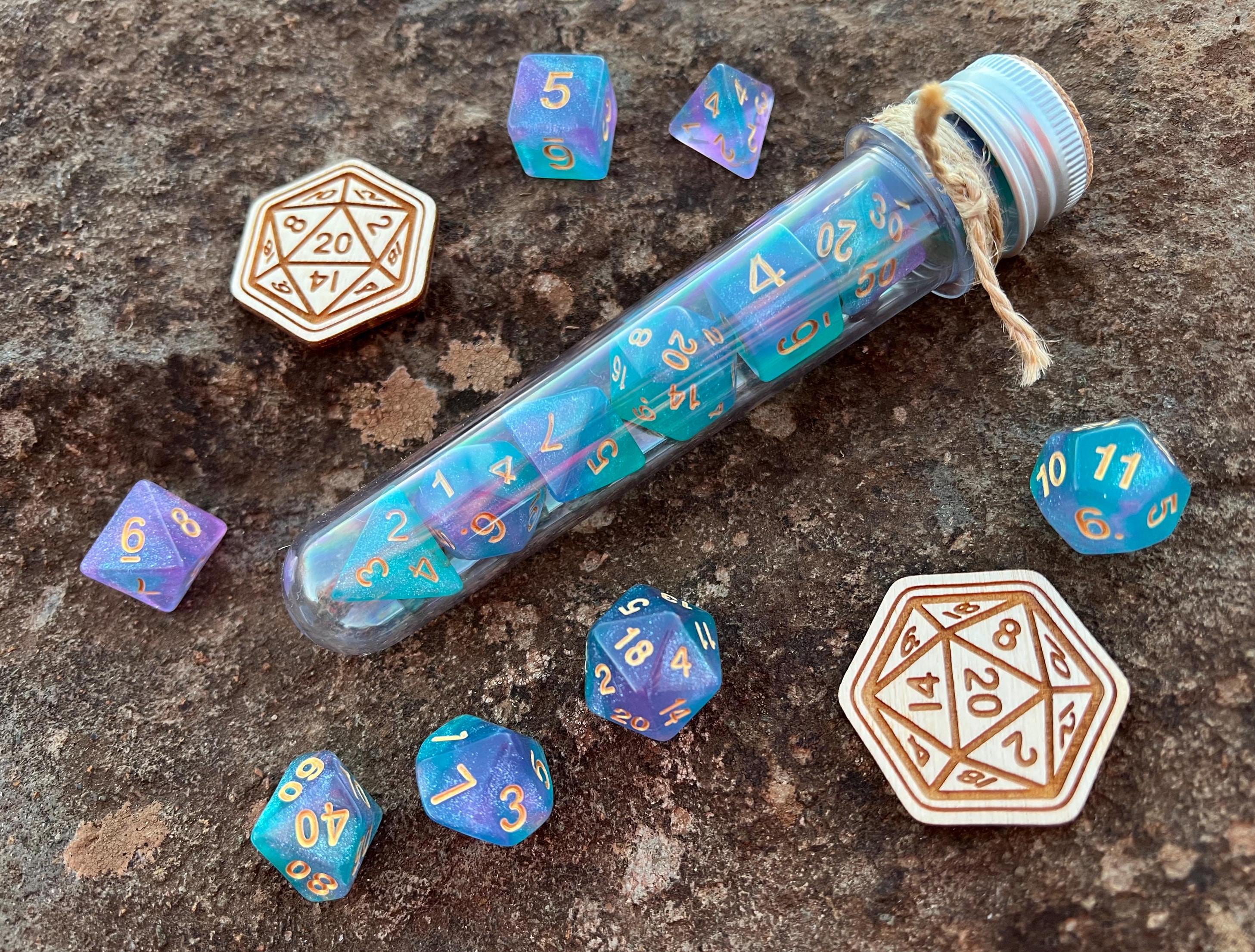 Shimmer Turquoise Gold "Celestial Unicorn" DnD 7 Polyhedral Dice Set in Potion Flask
