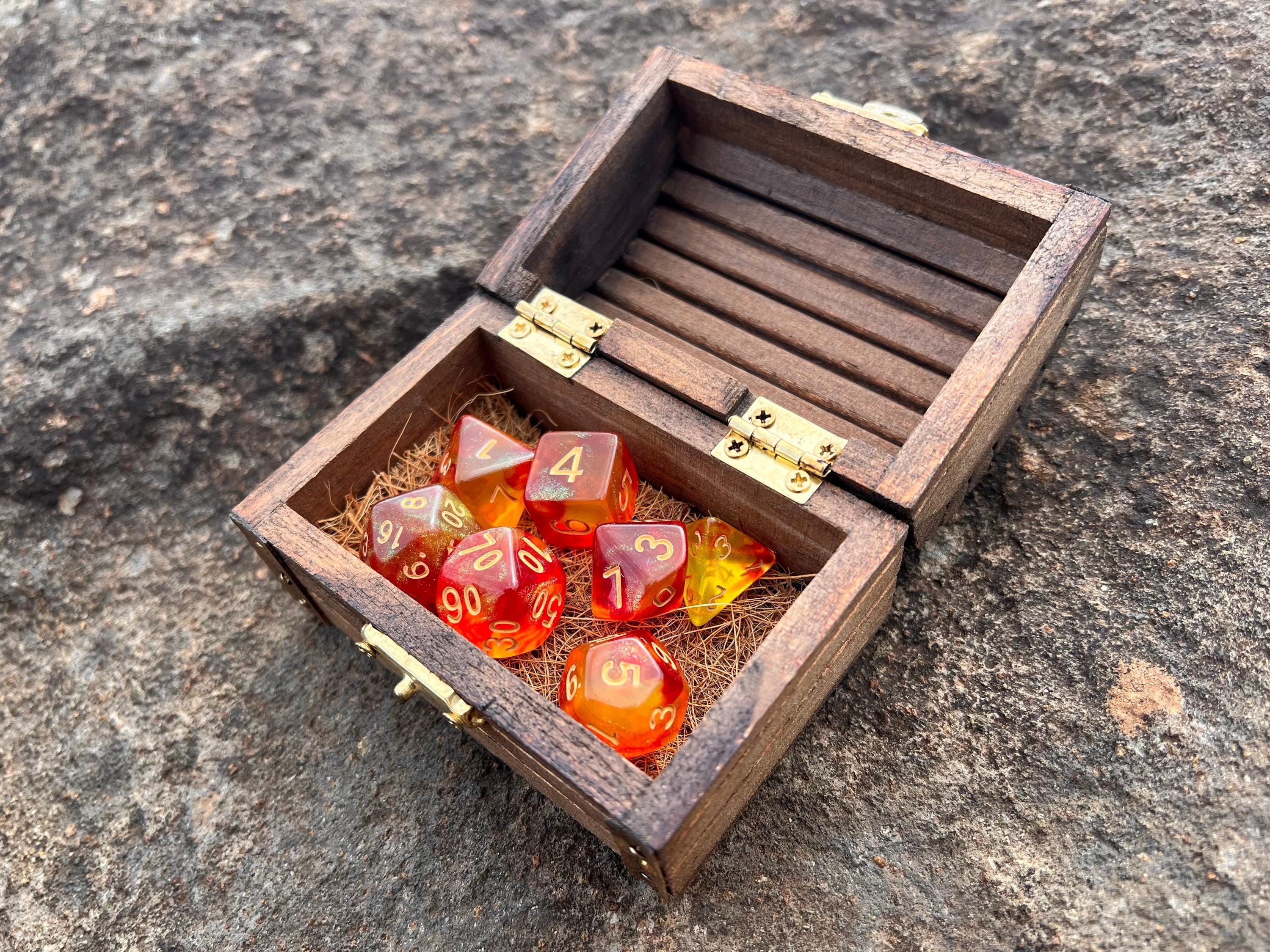 Shimmer Orange Gold "Eternal Phoenix" DnD 7 Polyhedral Dice Set in Wooden Chest