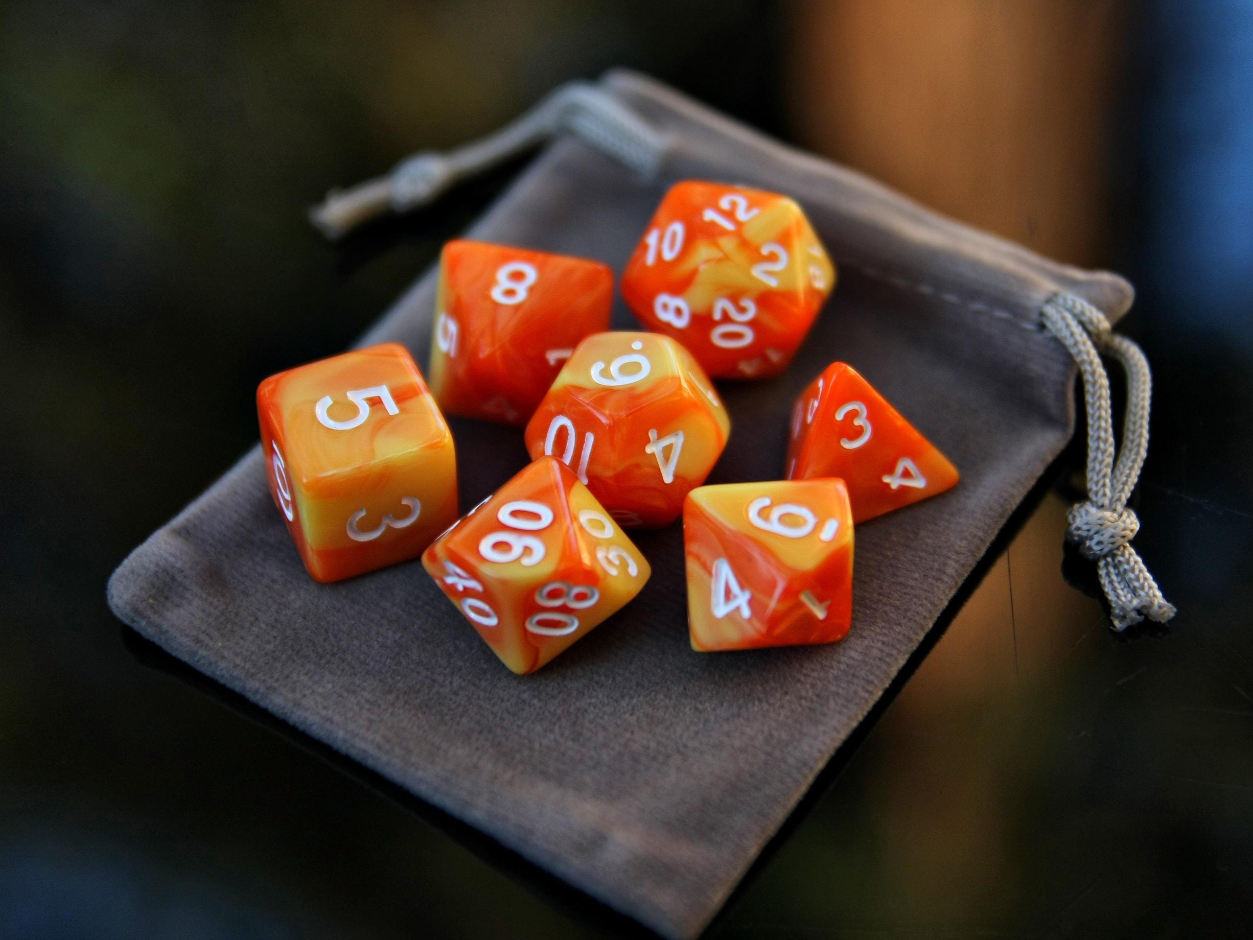 Orange Yellow White "Fireball" DnD 7 Polyhedral Dice Set in Potion Flask
