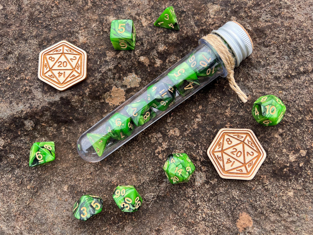 Green Black "Serendipity" DnD 7 Polyhedral Dice Set in Potion Flask