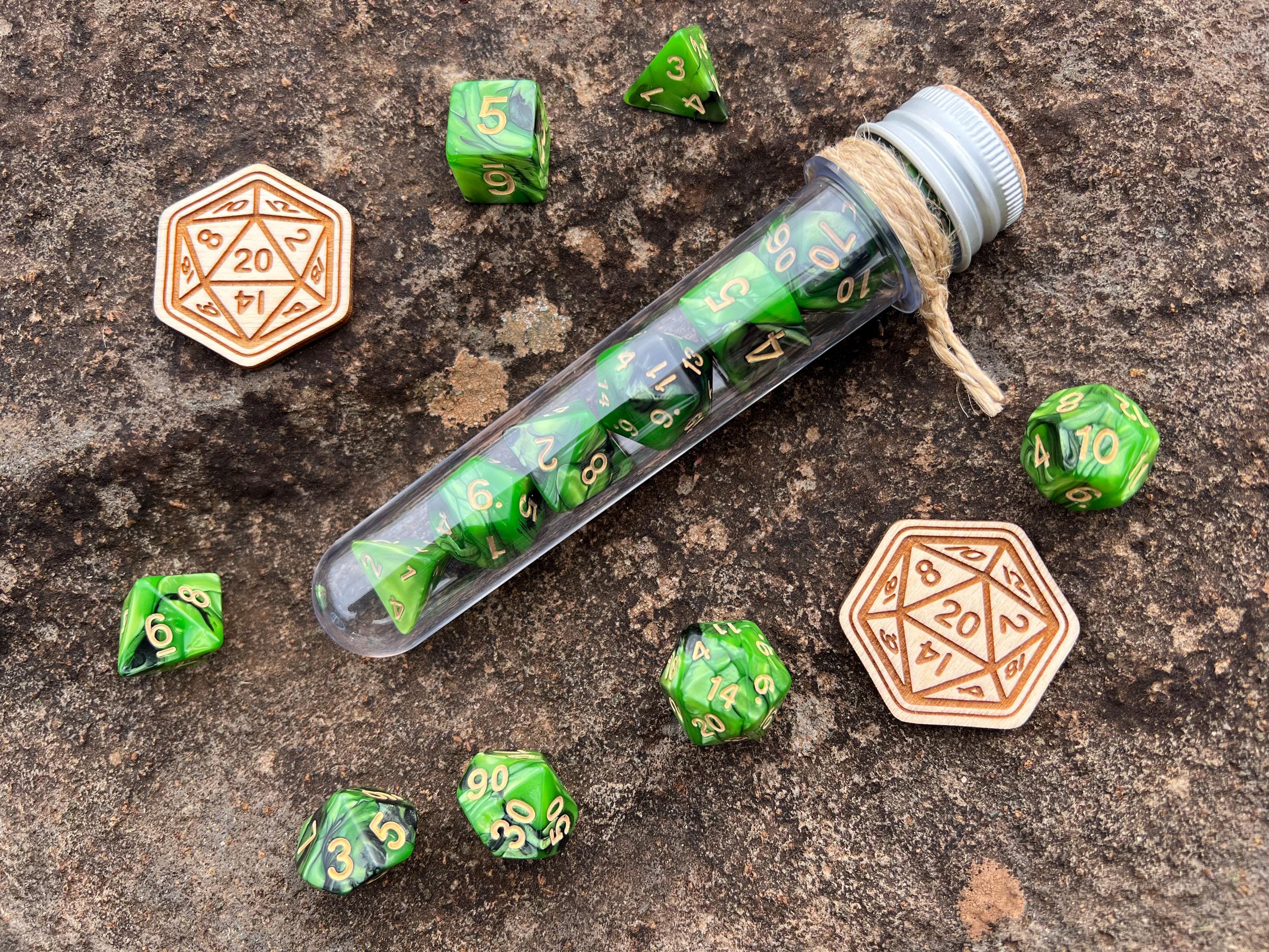 Green Black "Serendipity" DnD 7 Polyhedral Dice Set in Potion Flask