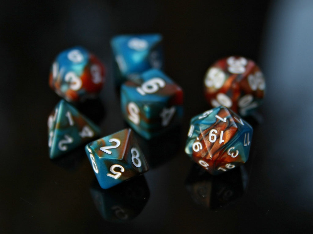 Blue Brown Orange "Ice and Fire" DnD 7 Polyhedral Dice Set in Wooden Chest