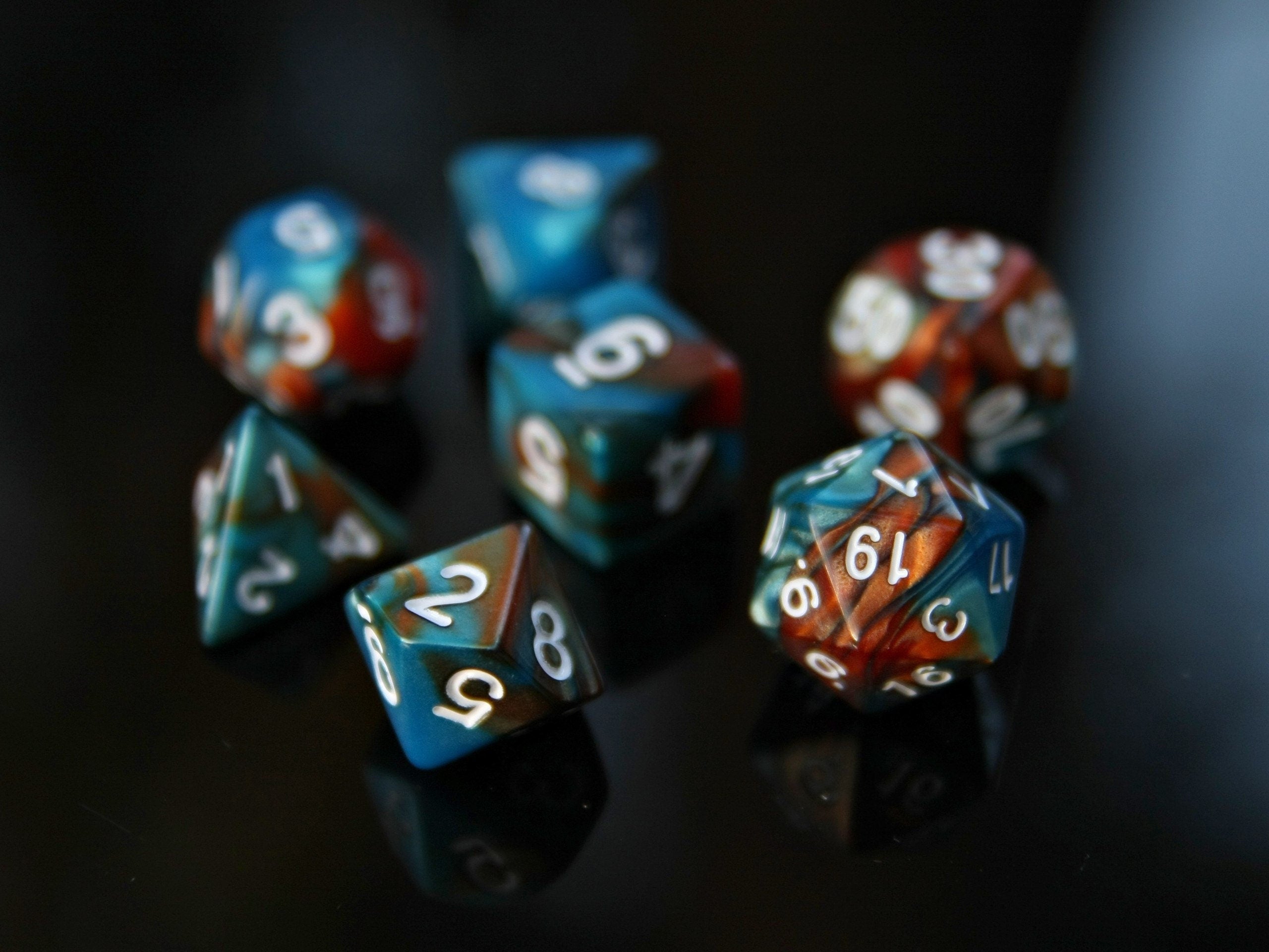 Blue Brown Orange "Ice and Fire" DnD 7 Polyhedral Dice Set in Wooden Chest