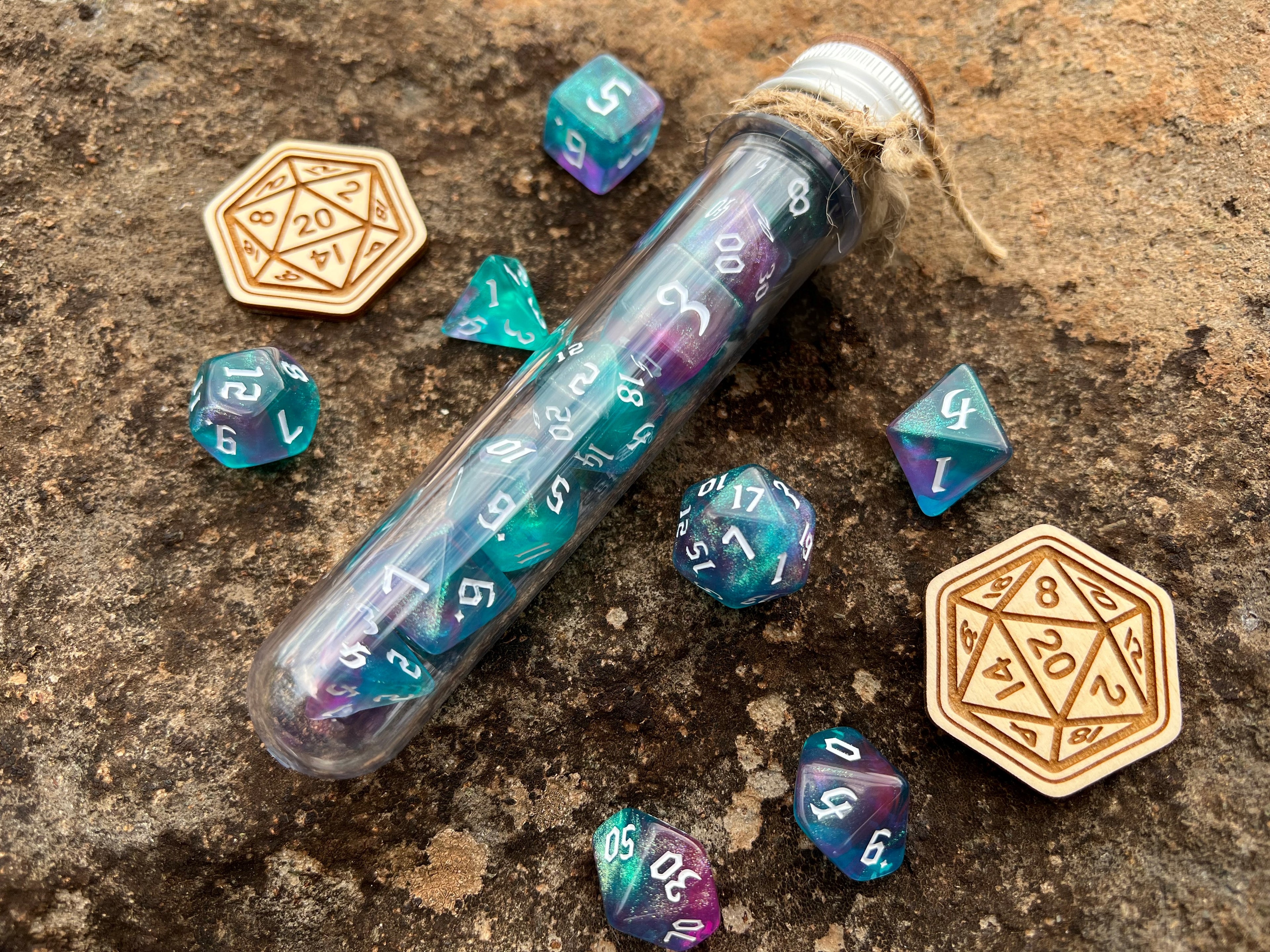 Shimmer Blue Purple "Elf Magic" DnD 7 Polyhedral Dice Set in Potion Flask