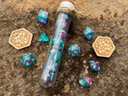 Shimmer Blue Purple "Elf Magic" DnD 7 Polyhedral Dice Set in Potion Flask