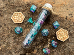 Shimmer Blue Purple "Elf Magic" DnD 7 Polyhedral Dice Set in Potion Flask