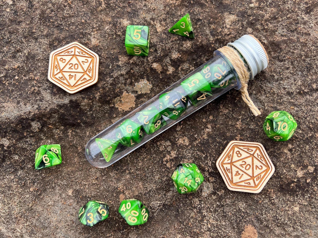 DnD 7 Polyhedral Dice Set in Potion Flask "Spellbook" Collection