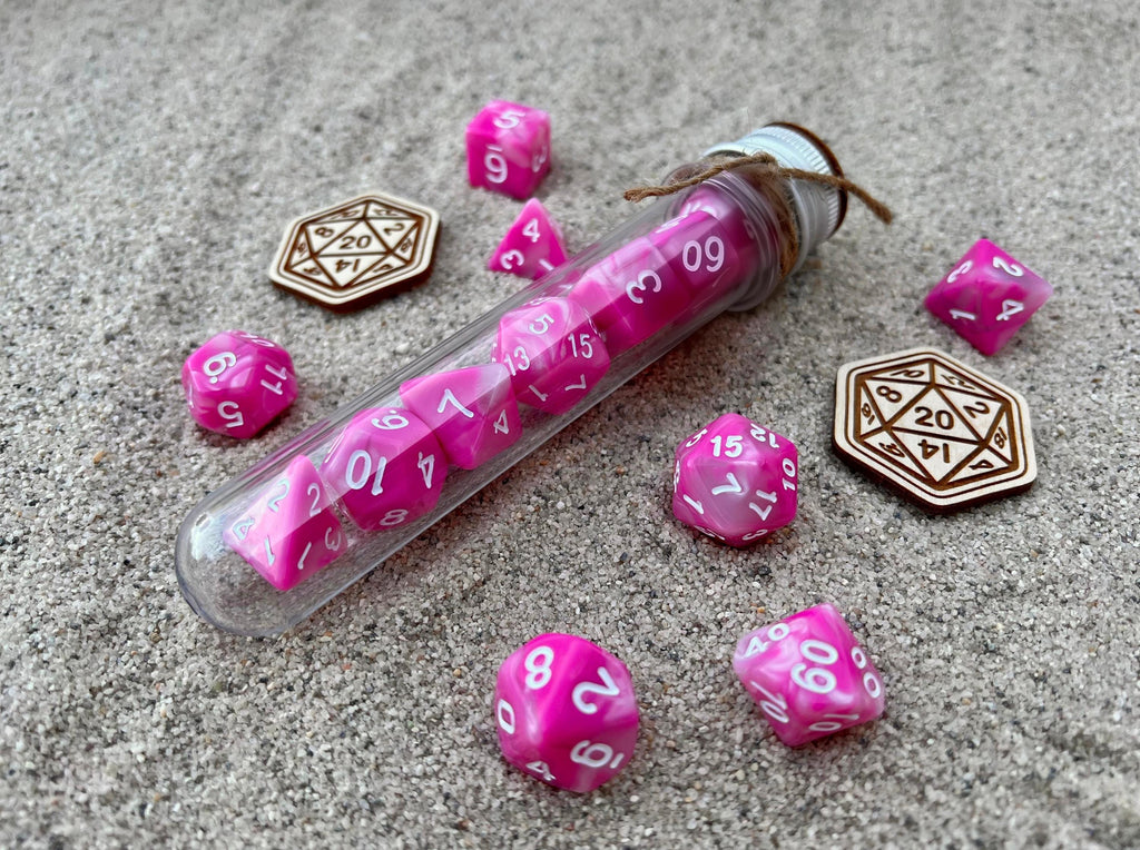 Pink White "Pink Coral" DnD 7 Polyhedral Dice Set in Potion Flask