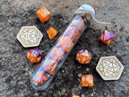 Orange Purple "Dragon Flame" DnD 7 Polyhedral Dice Set in Potion Flask