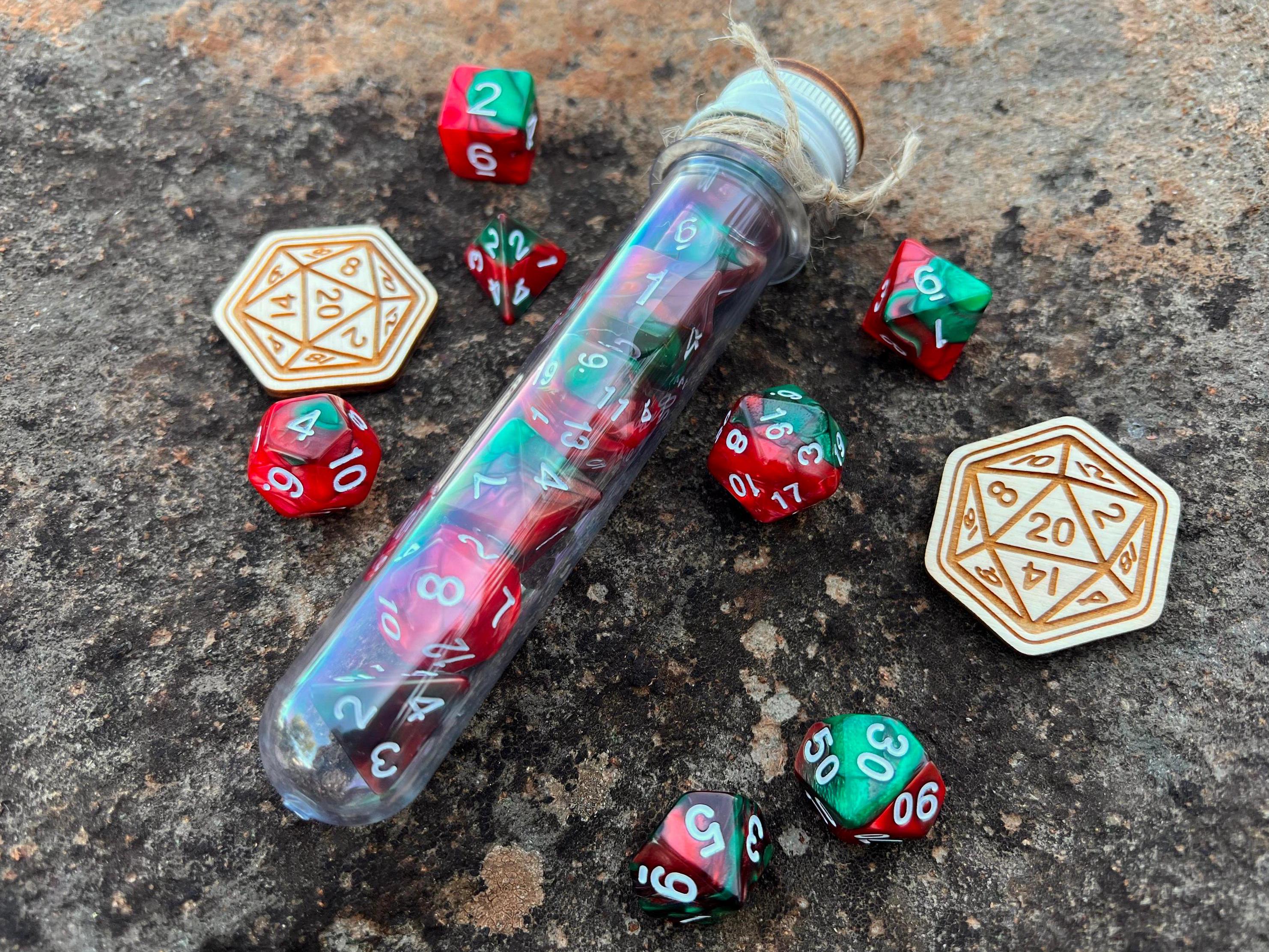 Brown Green "Dragon Scales" DnD 7 Polyhedral Dice Set in Potion Flask