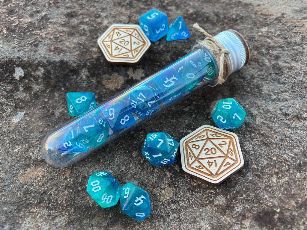 Shimmer Blue White "Kraken" DnD 7 Polyhedral Dice Set in Potion Flask