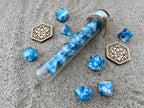 Light Blue White "Sea Wave" DnD 7 Polyhedral Dice Set in Potion Flask