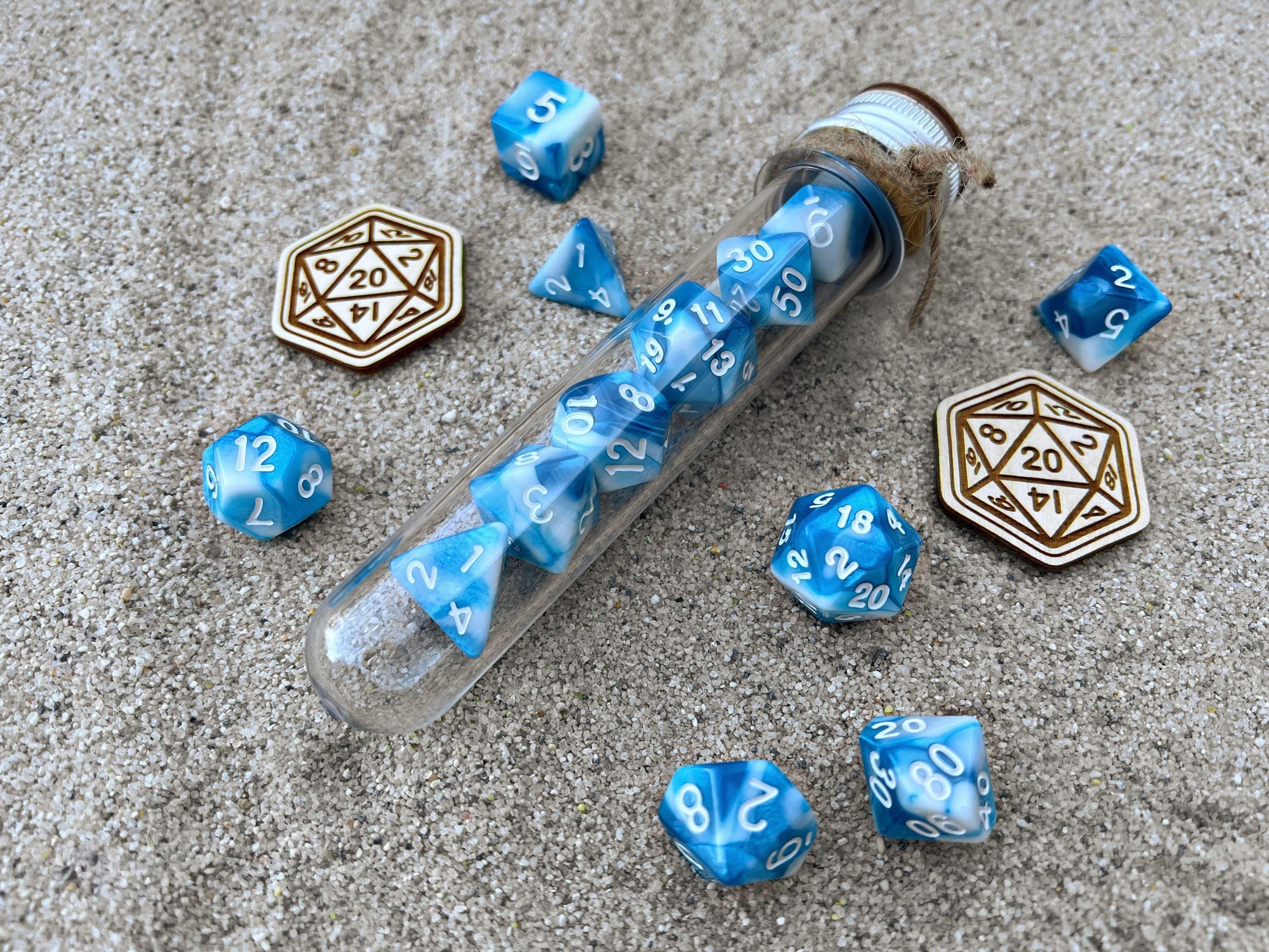 Light Blue White "Sea Wave" DnD 7 Polyhedral Dice Set in Potion Flask