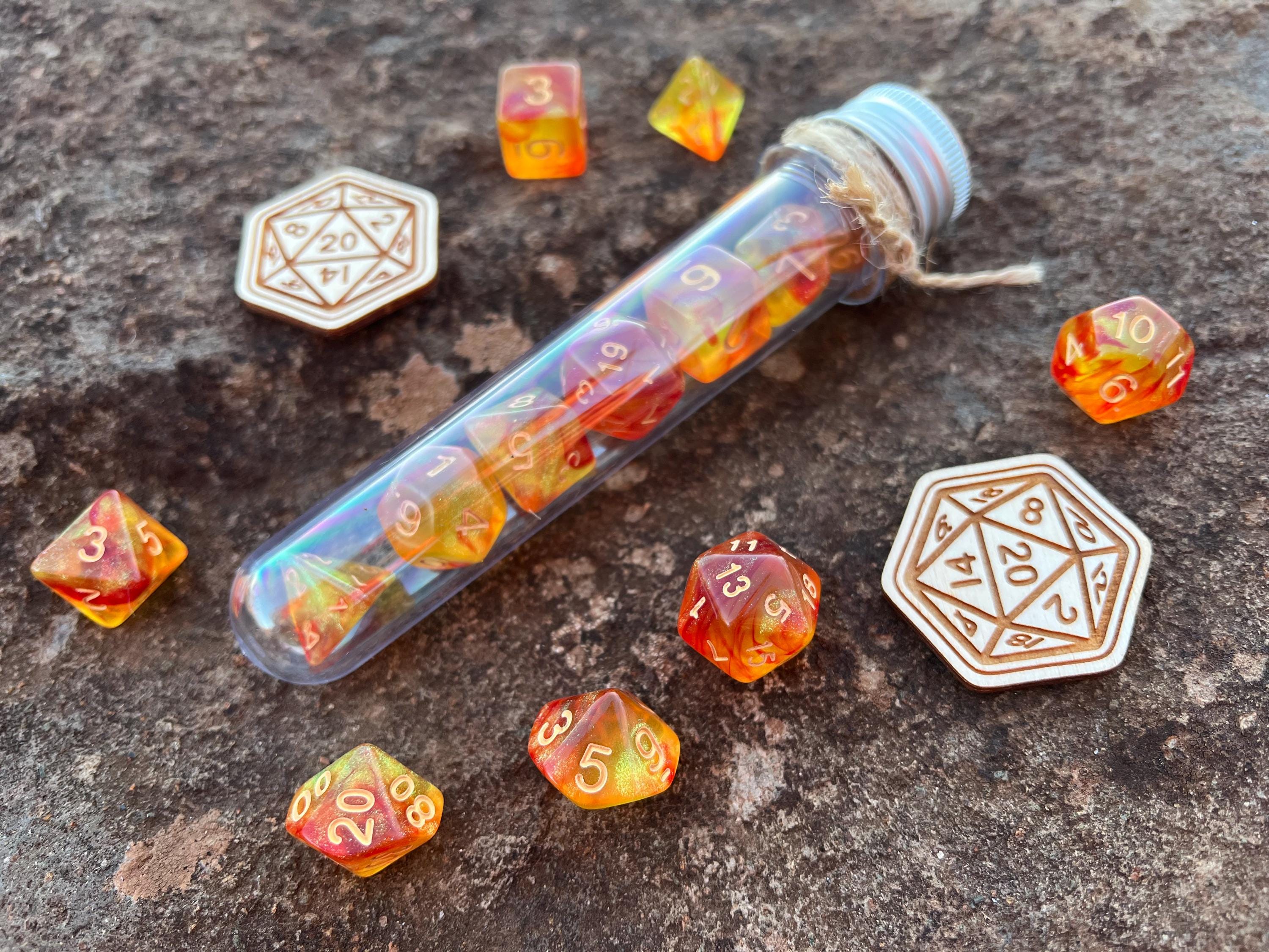 Shimmer Orange Gold "Eternal Phoenix" DnD 7 Polyhedral Dice Set in Potion Flask