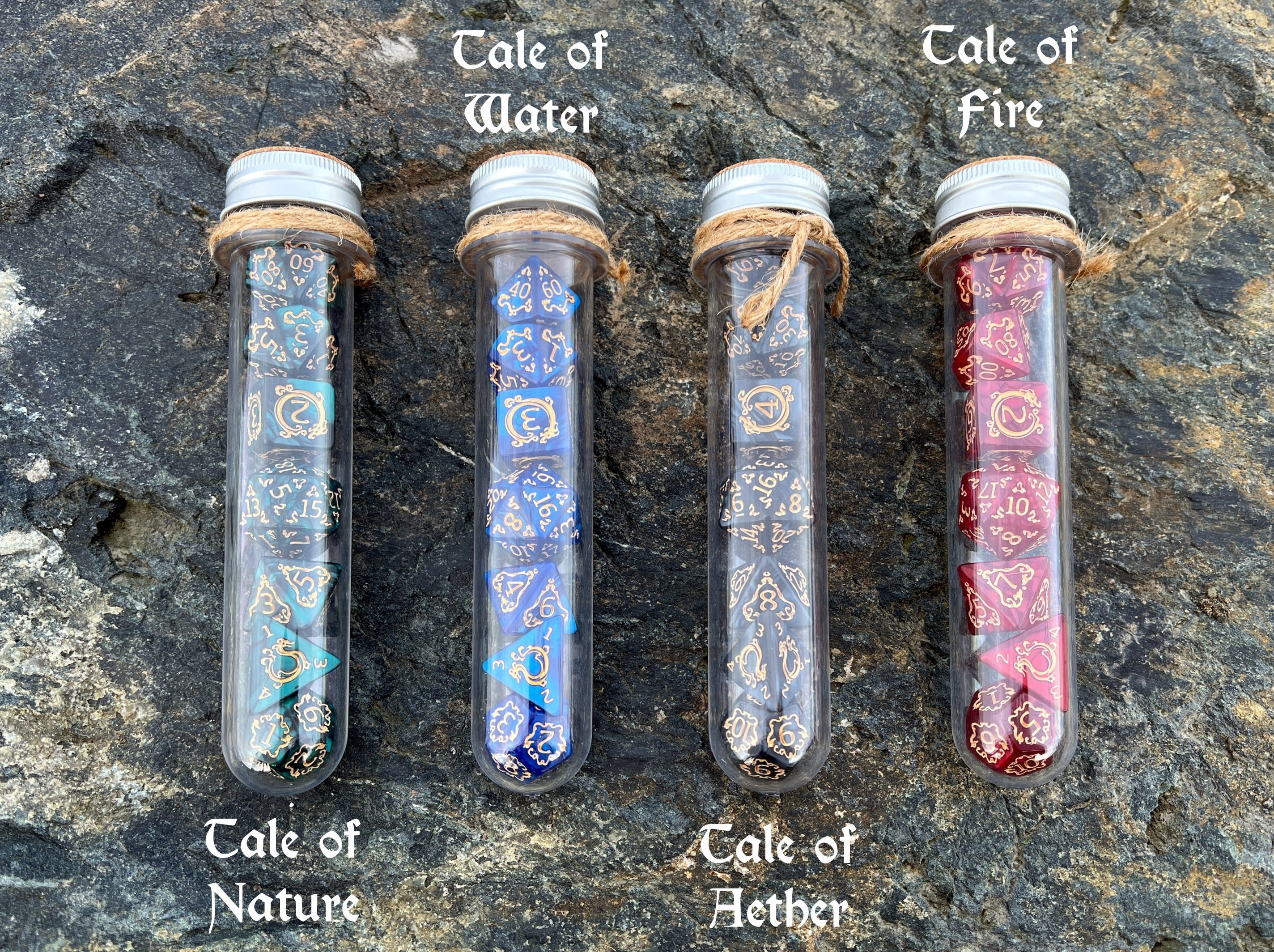 DnD 7 Polyhedral Dice Set in Potion Flask "Tales of Elements" Collection